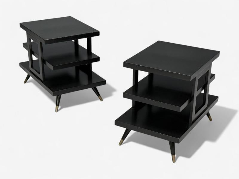 Ico Parisi Style, Ebonized Wood, Brass, Sculptural Side Tables, Europe, 1950s - 4