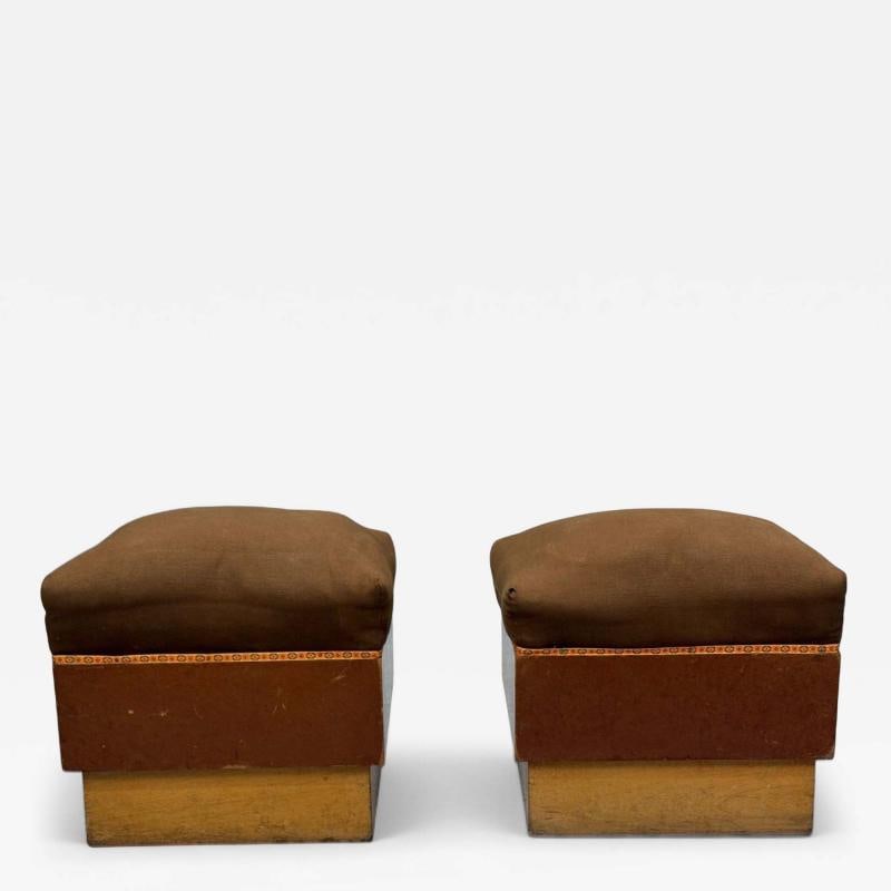 Italian Art Deco, Stained Wood, Brown Fabric, Ottomans or Poufs, Italy, 1930s: Title: Italian Art Deco, Stained Wood, Brown Fabric, Ottomans or Poufs, Italy, 1930s Description: Italian Art Deco, Stained Wood, Brown Fabric, Ottomans or Poufs, Italy, 1930s Pair of art deco style