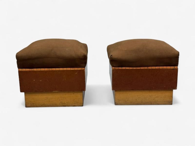 Italian Art Deco, Stained Wood, Brown Fabric, Ottomans or Poufs, Italy, 1930s - 2