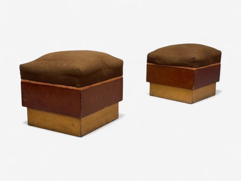 Italian Art Deco, Stained Wood, Brown Fabric, Ottomans or Poufs, Italy, 1930s - 3