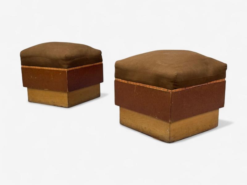Italian Art Deco, Stained Wood, Brown Fabric, Ottomans or Poufs, Italy, 1930s - 4