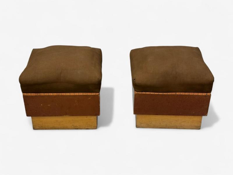Italian Art Deco, Stained Wood, Brown Fabric, Ottomans or Poufs, Italy, 1930s - 5