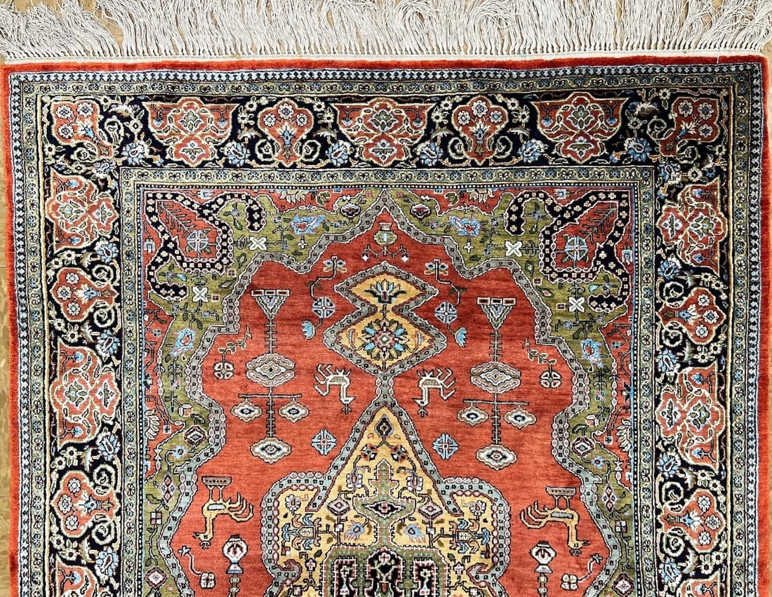 Hand-Knotted Persian Qum 100% Silk Birds Rust Geometric Semi-Antique Oriental Area Rug 3'4" x 5'1" - 5