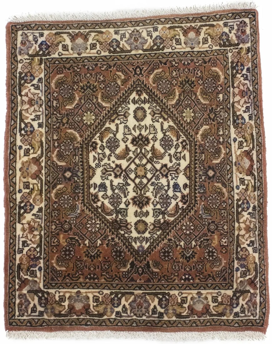 Vintage Clay Tribal 2X2'4 Bidjar Persian Rug: Title: Vintage Clay Tribal 2X2'4 Bidjar Persian RugDescription:Hand Knotted vintage 2X2'4 cinnamon clay Persian rug made with natural dyes (fine wool pile and cotton foundation), superior knot count,