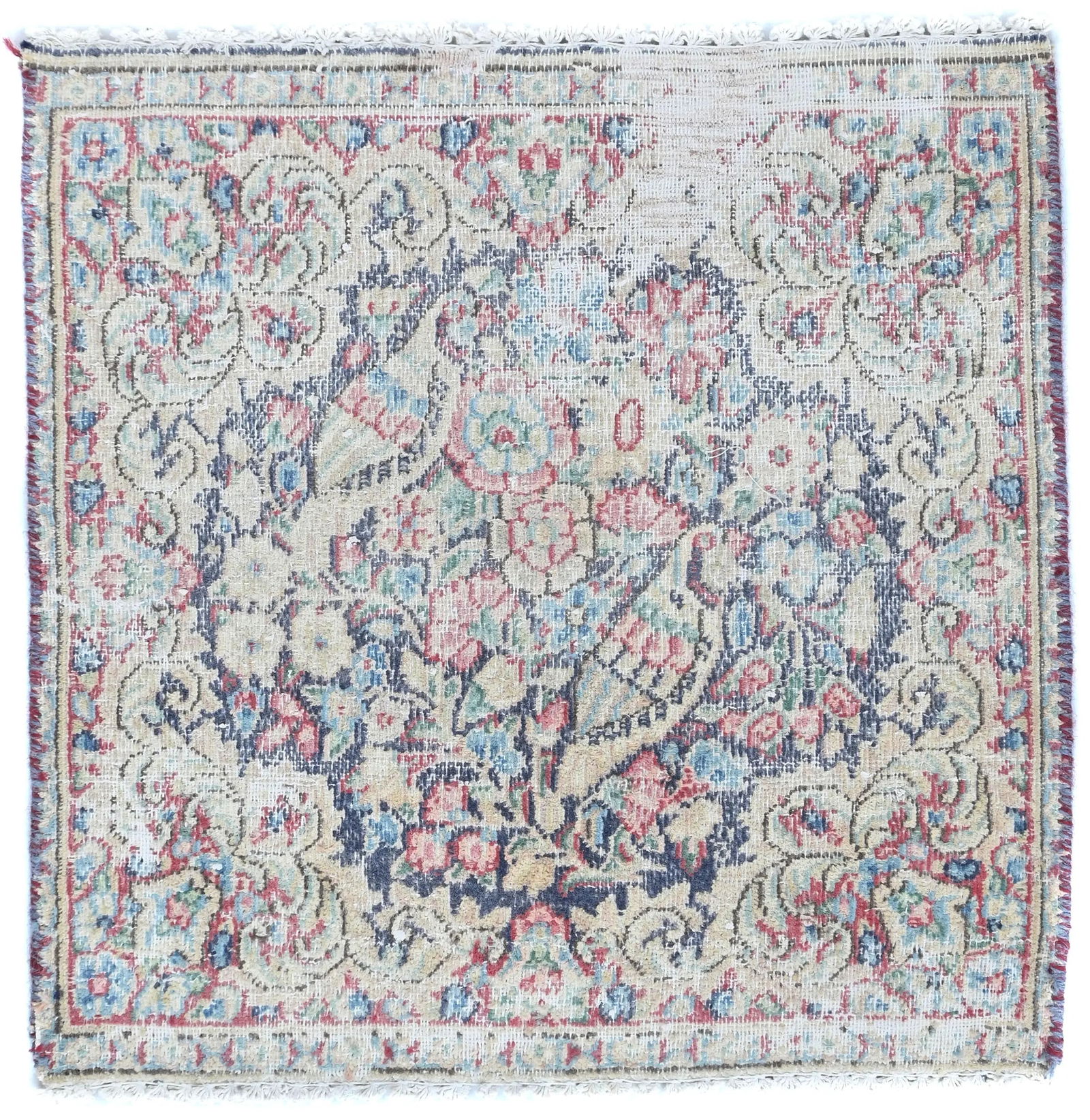 Semi Antique Muted Floral 1'7X1'8 Distressed Oriental Square Rug: Title: Semi Antique Muted Floral 1'7X1'8 Distressed Oriental Square Rug Description: Hand-knotted semi-antique rug crafted in the Vintage Oriental style Traditional floral pattern with aged and distre