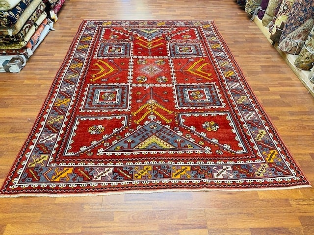 Antique Turkish Bergama-4265: Title:Antique Turkish Bergama-4265 Description:georgous antique Turkish Bergama from west of Turkey, size 7 ft by 10 ft, circa 1930 with a very nice design on rted field, exceelent condition with a al