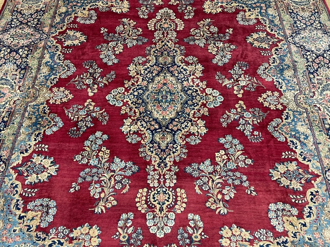 Hand-Knotted Persian Kerman Semi-Antique Red Wool Oriental Rug Carpet 9'10" x 13'6" - 5