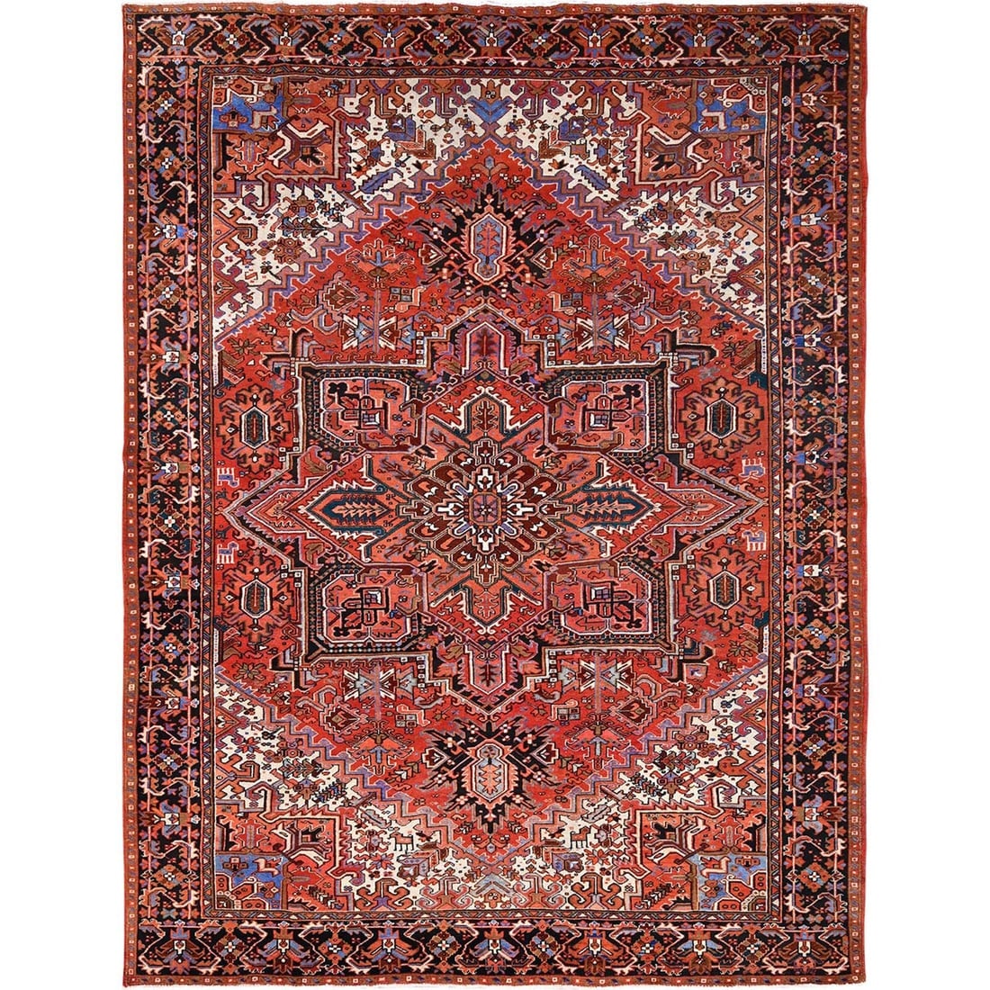 Chili Red, Semi Antique Persian Heriz, Worn Wool Hand Knotted Rug (1 of 11)