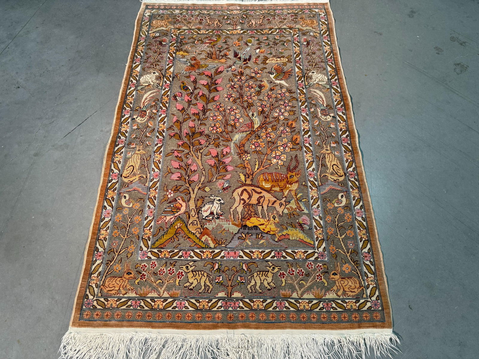 Vintage Silk & Gold Hereke Rug 2.1x3.4: Title:Vintage Silk & Gold Hereke Rug 2.1x3.4 Description:2'.1"x3'.4" Super quality Antique Turkish Hereke all Silk pile with Gold thread, Tree of life design , very rare and collector pc , it can also