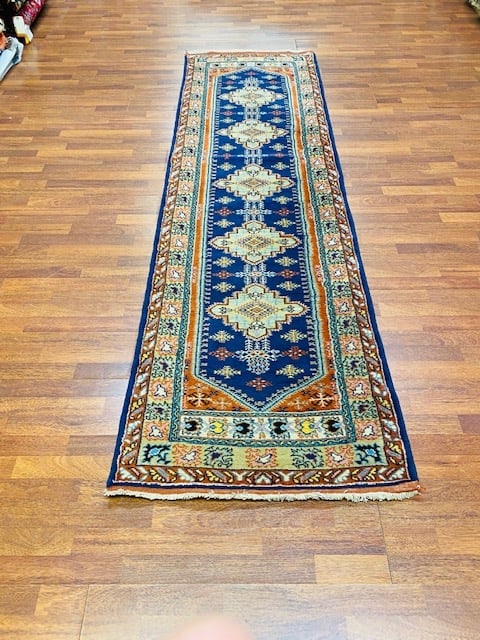 Antique Turkish Runner-4257: Title:Antique Turkish Runner-4257 Description:Beautiful antique Turkish Runner from central turkey with geometric design on blue field, size 2'.8" x 9'.5", circa 1930,condition with good pile througho