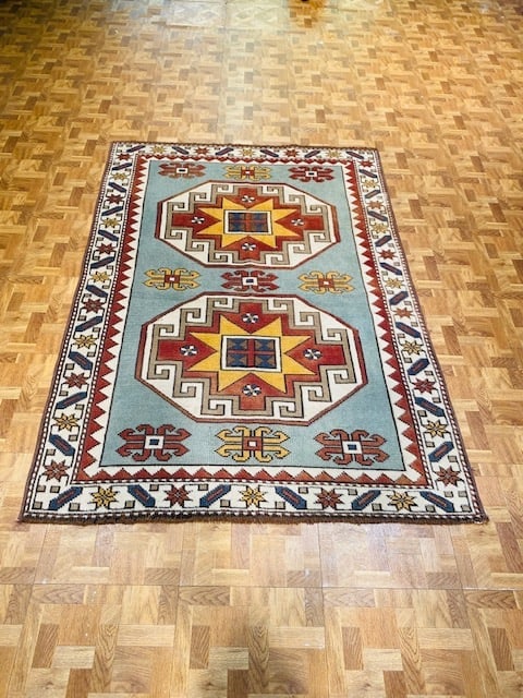 Vintage Hooked Kazak design Rug-4805: Title:Vintage Hooked Kazak design Rug-4805 Description:Beautiful Hooked design Kazak Caucasian design from border of Turkey and Gorgia republic, size 3 ft. 6 inches by 5 ft, circa 1940 in pistacio gre