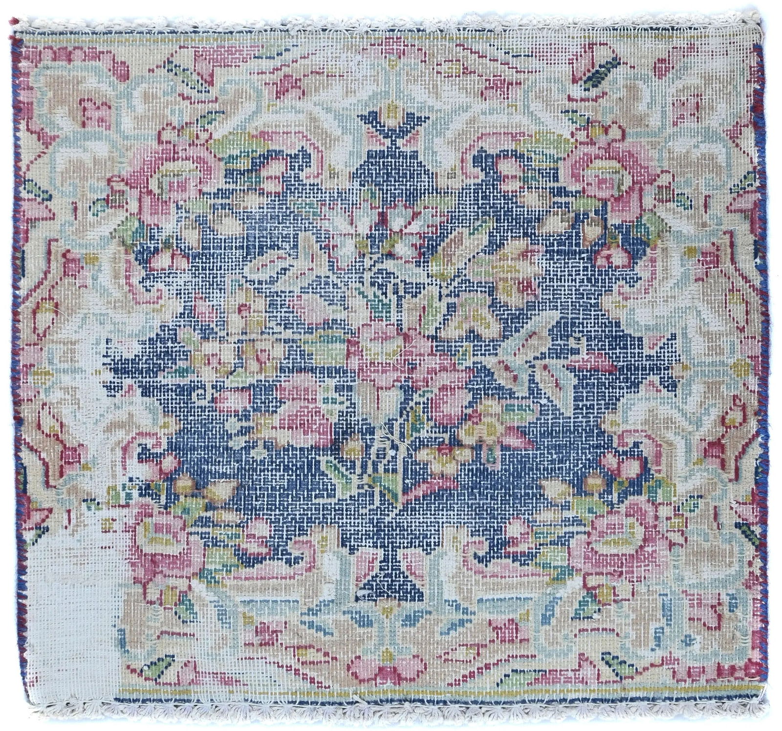 Semi Antique Muted Floral 1'5X1'6 Distressed Oriental Square Rug: Title: Semi Antique Muted Floral 1'5X1'6 Distressed Oriental Square RugDescription:Hand-knotted semi-antique rug from the Vintage Oriental collectionTraditional floral pattern with a soft, aged