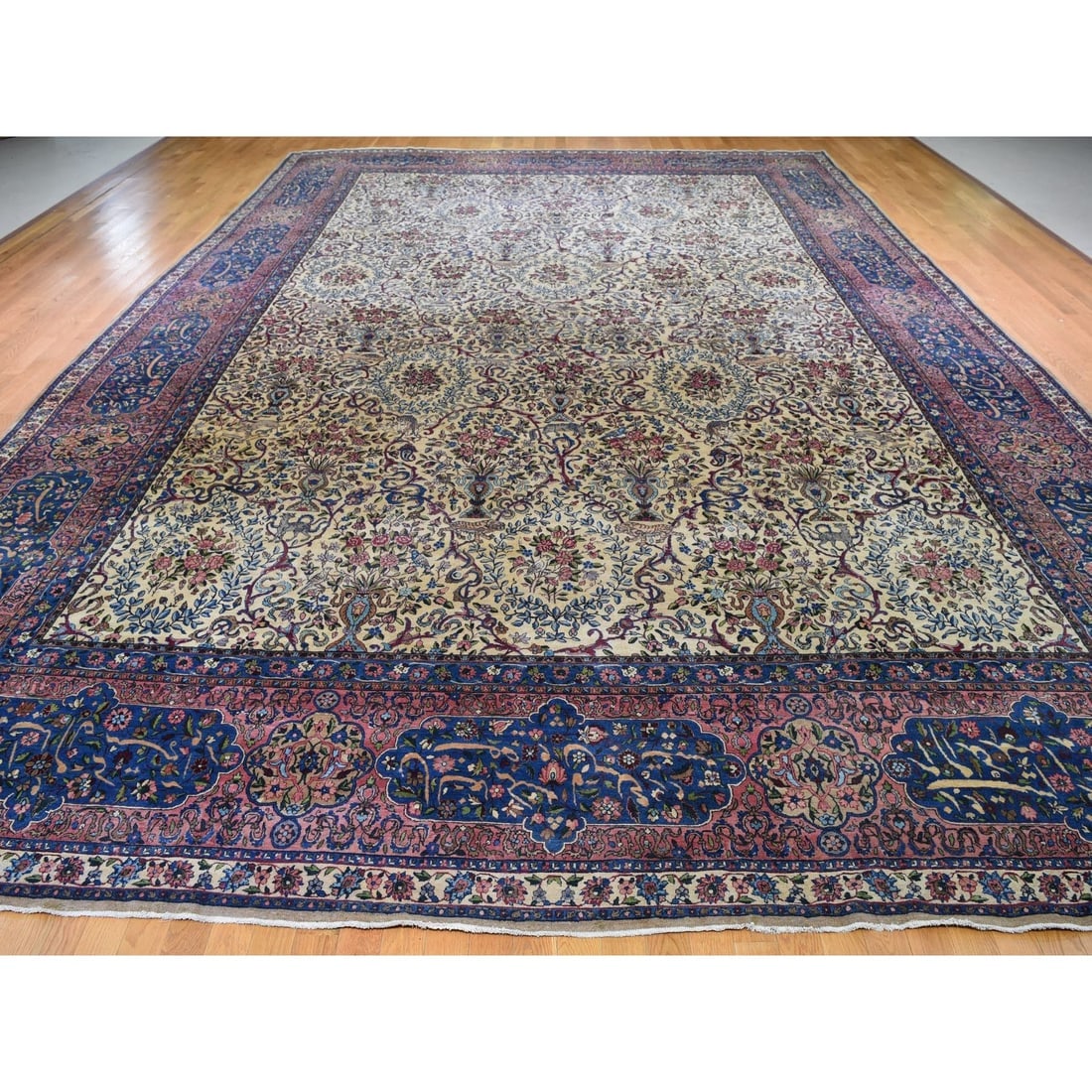 White Antique Persian Kerman Hand Knotted Pure Wool Oversized Rug - 2