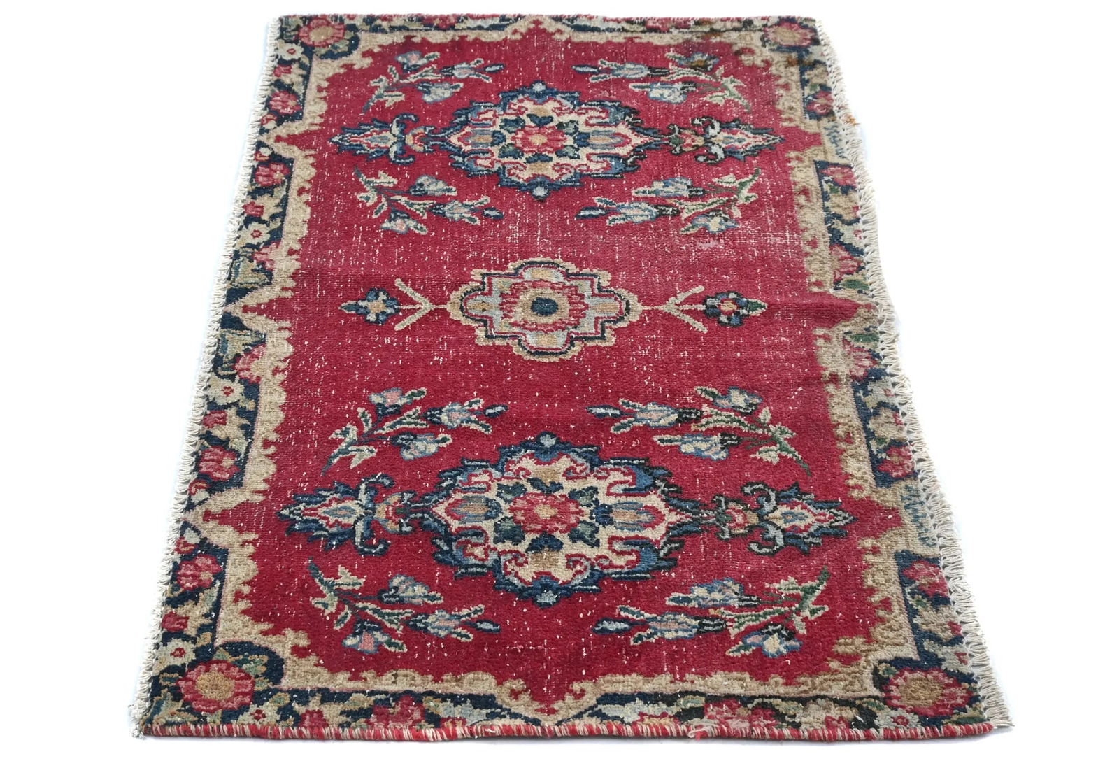 Semi Antique Muted Red Floral 1'8X2'11 Distressed Oriental Rug: Title: Semi Antique Muted Red Floral 1'8X2'11 Distressed Oriental RugDescription:Hand-knotted vintage oriental rug made with skilled traditional craftsmanshipClassic floral motif showcasing timeless