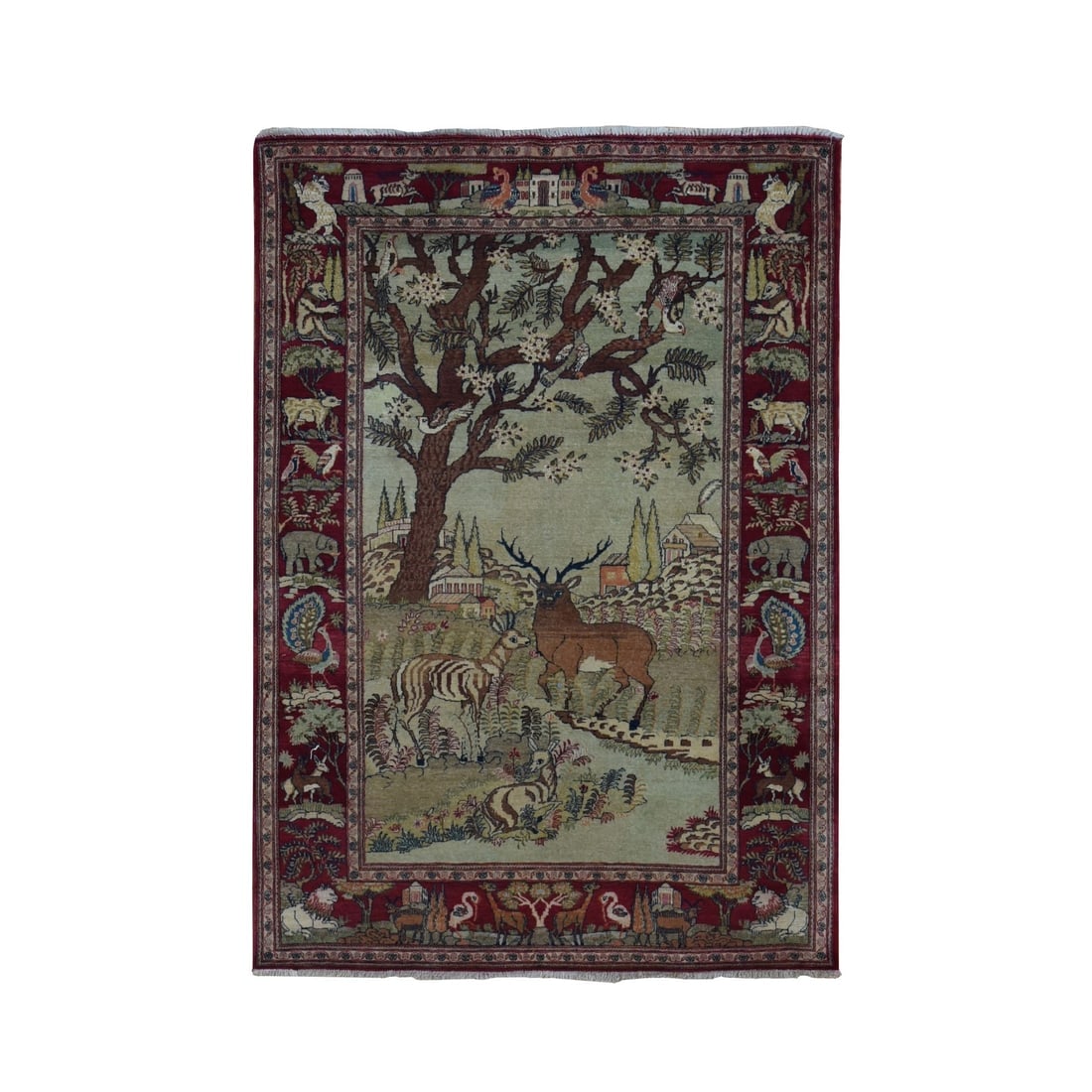 White Antique Persian Pictorial Kashan Pictorial Hand Knotted Wool Rug: Title: White Antique Persian Pictorial Kashan Pictorial Hand Knotted Wool RugDescription:This is a truly genuine one-of-a-kind. It has been Knotted for months and months in the centuries-old weaving