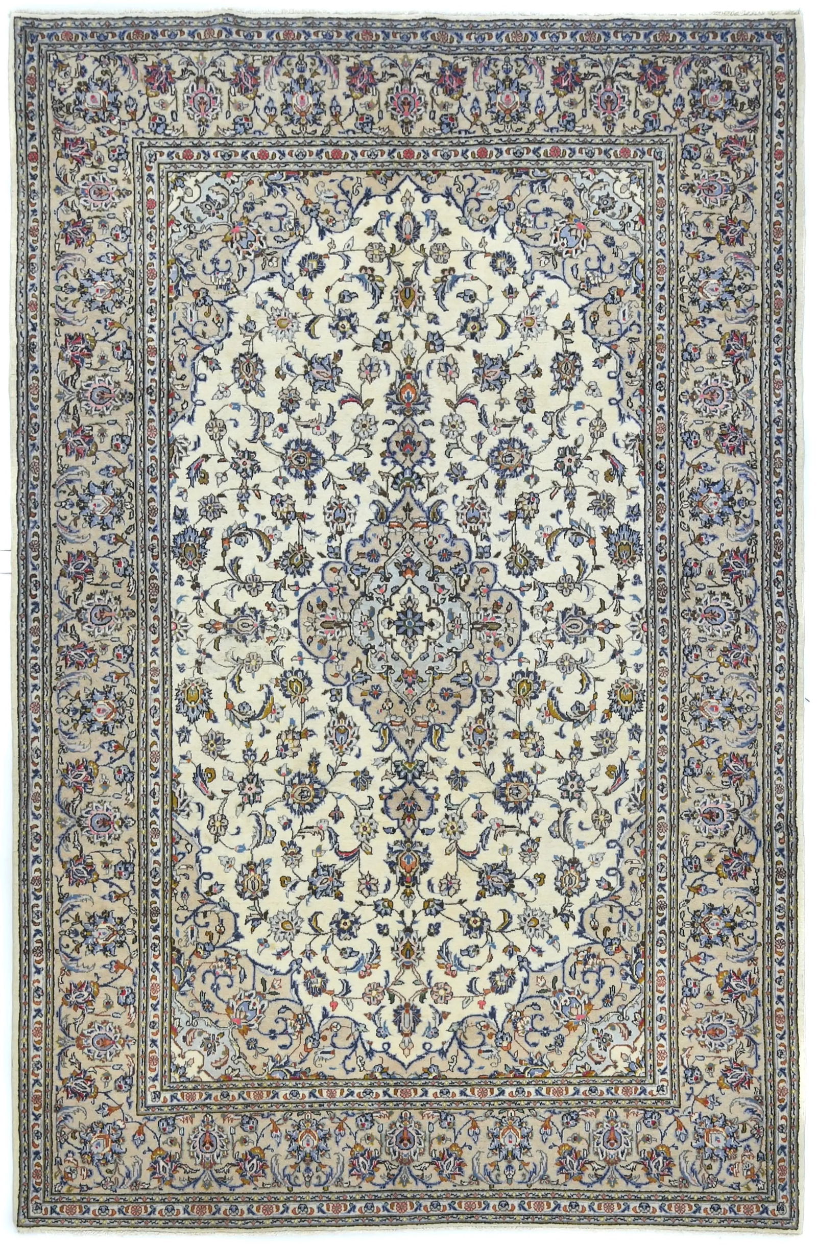 Vintage Cream Traditional Floral 7X10 Kashan Persian Rug: Title: Vintage Cream Traditional Floral 7X10 Kashan Persian RugDescription:Handmade vintage 7X10 Cream Persian rug made with vegetable dyes (fine wool pile and cotton foundation), superior knot