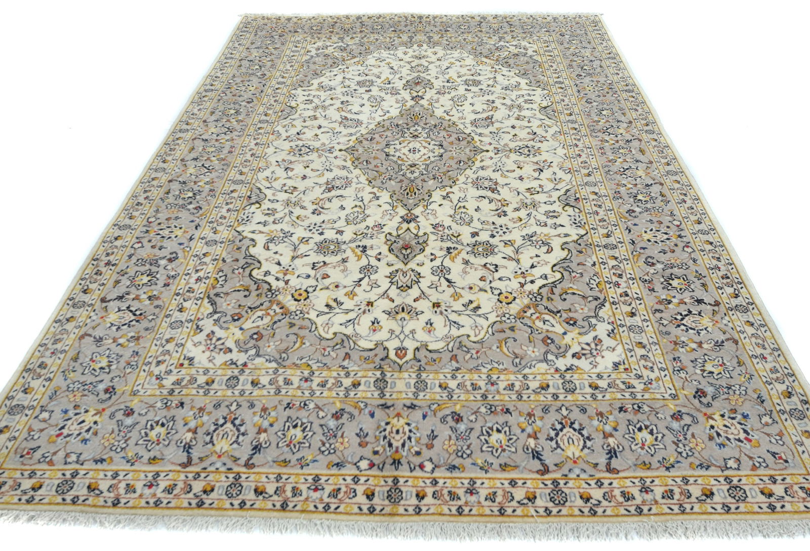 Vintage Cream Floral Traditional 6'4X9'6 Kashan Persian Rug - 2