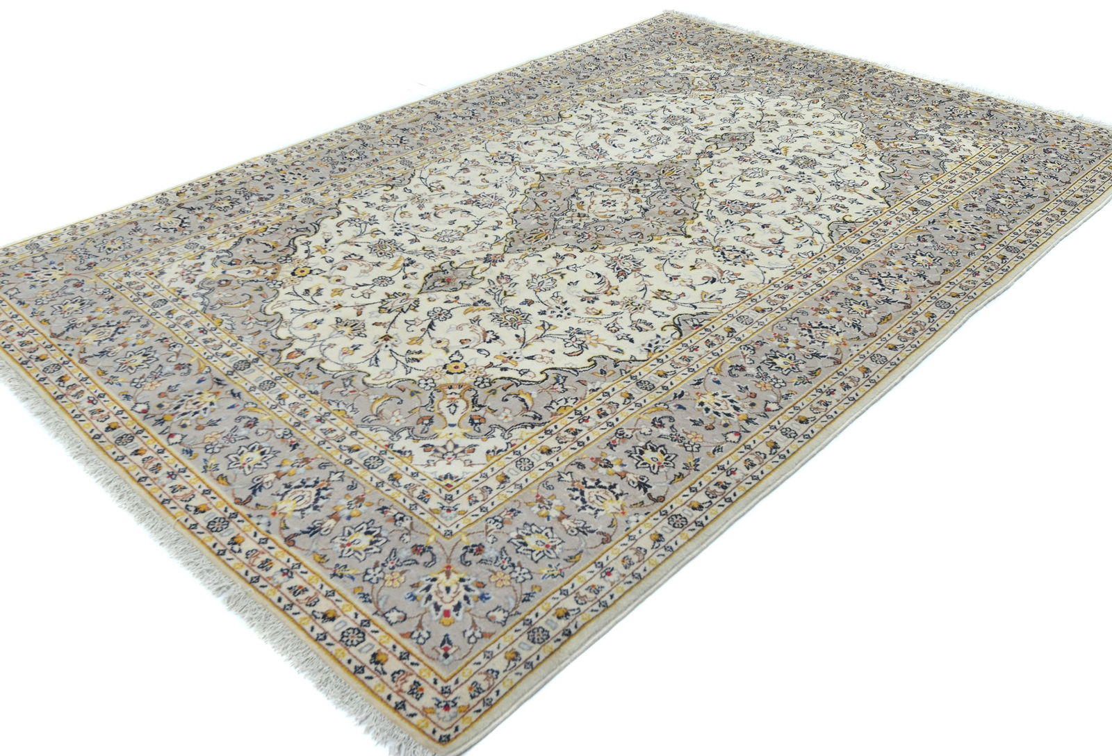 Vintage Cream Floral Traditional 6'4X9'6 Kashan Persian Rug - 3