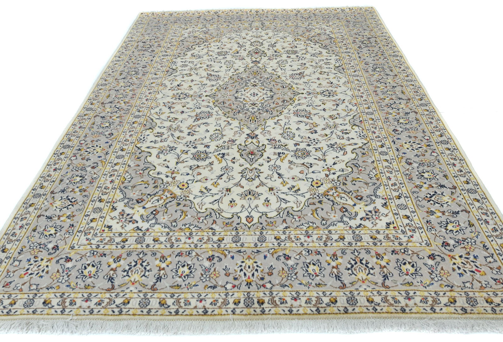 Vintage Cream Floral Traditional 6'4X9'6 Kashan Persian Rug - 9
