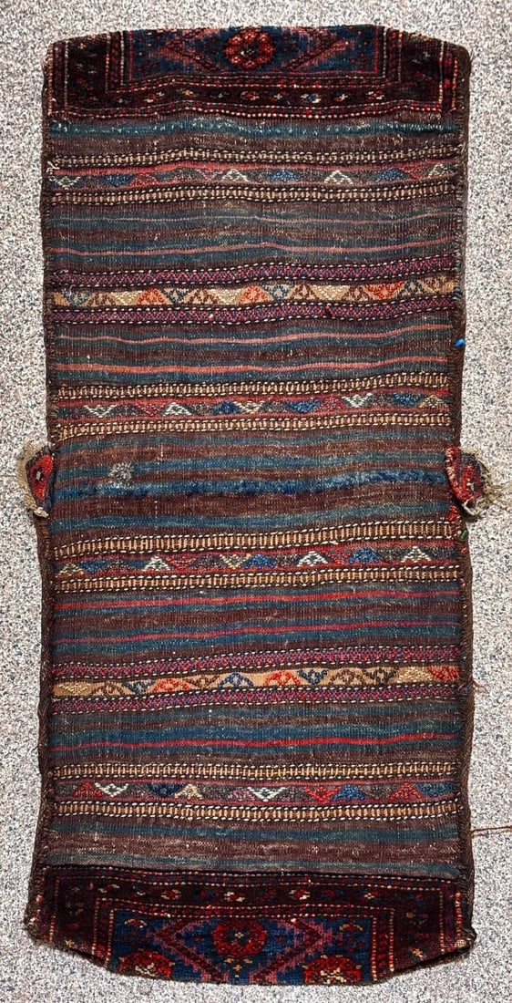 Hand-Knotted Antique Persian Farahan Tribal Double Saddle Bag Wool Rug 1'9" x 4'3" - 15