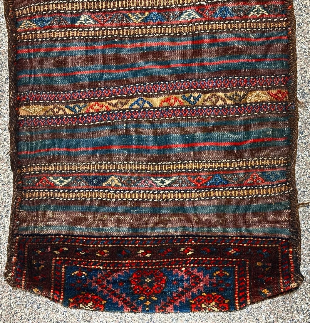 Hand-Knotted Antique Persian Farahan Tribal Double Saddle Bag Wool Rug 1'9" x 4'3" - 16