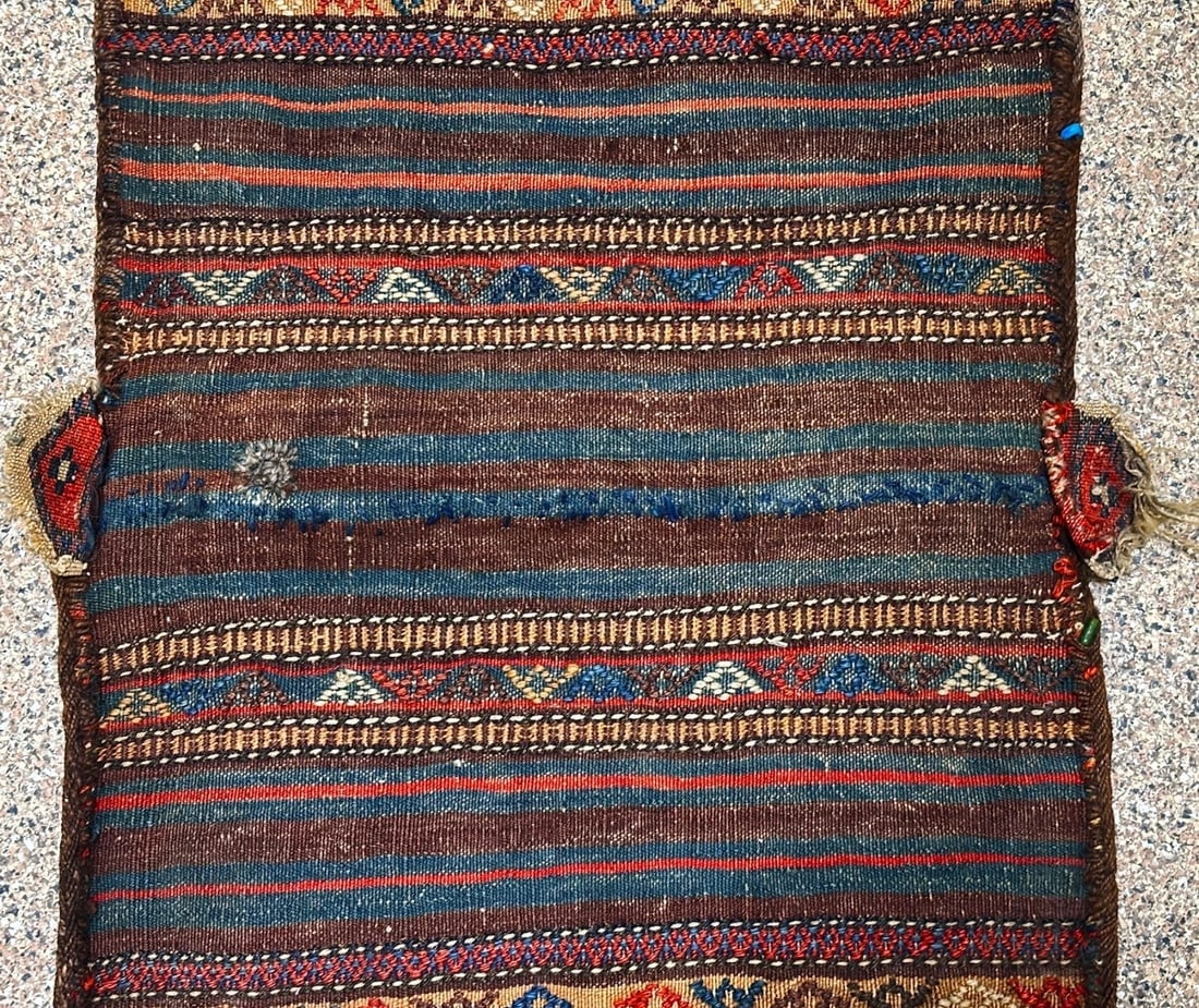 Hand-Knotted Antique Persian Farahan Tribal Double Saddle Bag Wool Rug 1'9" x 4'3" - 17