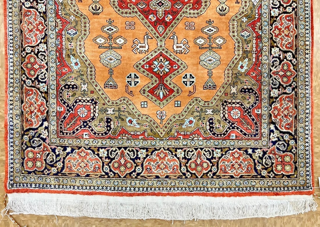 Hand-Knotted Persian Qum 100% Silk Semi-Antique Gold Oriental Rug 2'8" x 4'3" - 3
