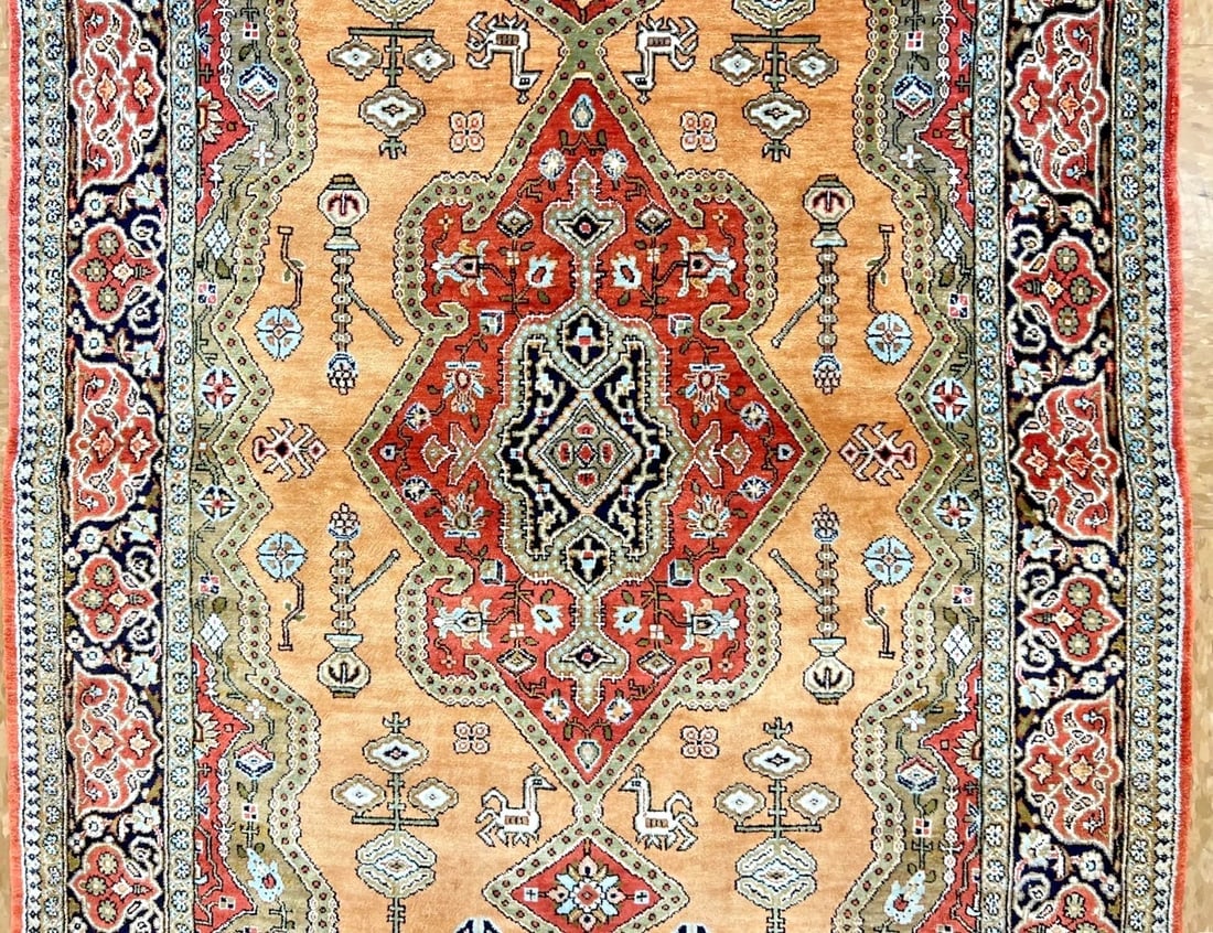 Hand-Knotted Persian Qum 100% Silk Semi-Antique Gold Oriental Rug 2'8" x 4'3" - 4