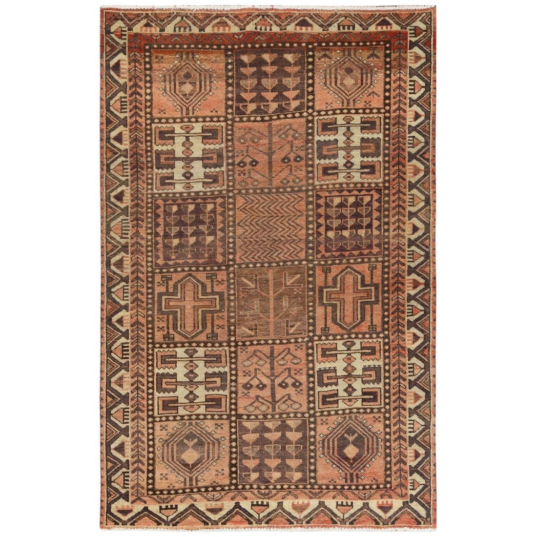 Brown, Hand Knotted Vintage Persian Bakhtiar Worn Wool Oriental Rug: Title: Brown, Hand Knotted Vintage Persian Bakhtiar Worn Wool Oriental RugDescription: This is a truly genuine one-of-a-kind. It has been Knotted for months and months in the centuries-old weaving
