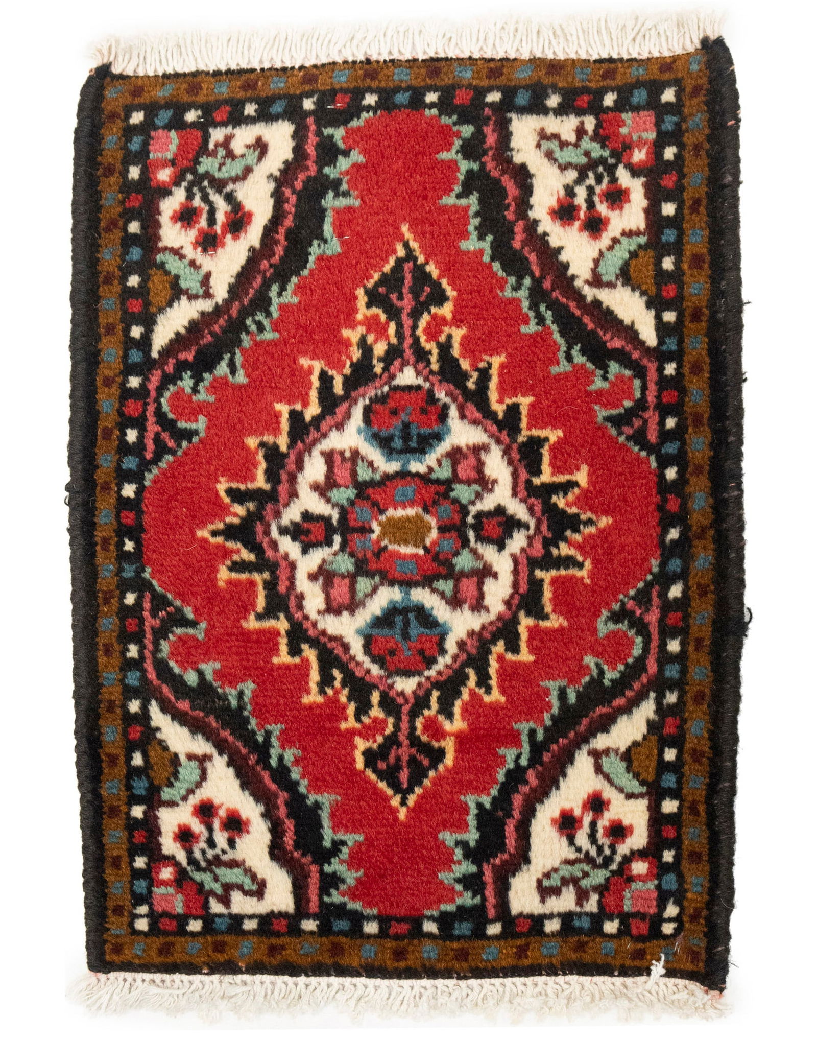 Vintage Red Floral Tribal 1'3X1'7 Hamedan Persian Rug: Title: Vintage Red Floral Tribal 1'3X1'7 Hamedan Persian RugDescription:Hand Knotted 1'3X1'7 red vintage rug made with vegetable dyes (fine wool pile and cotton foundation), exceptional knot count,