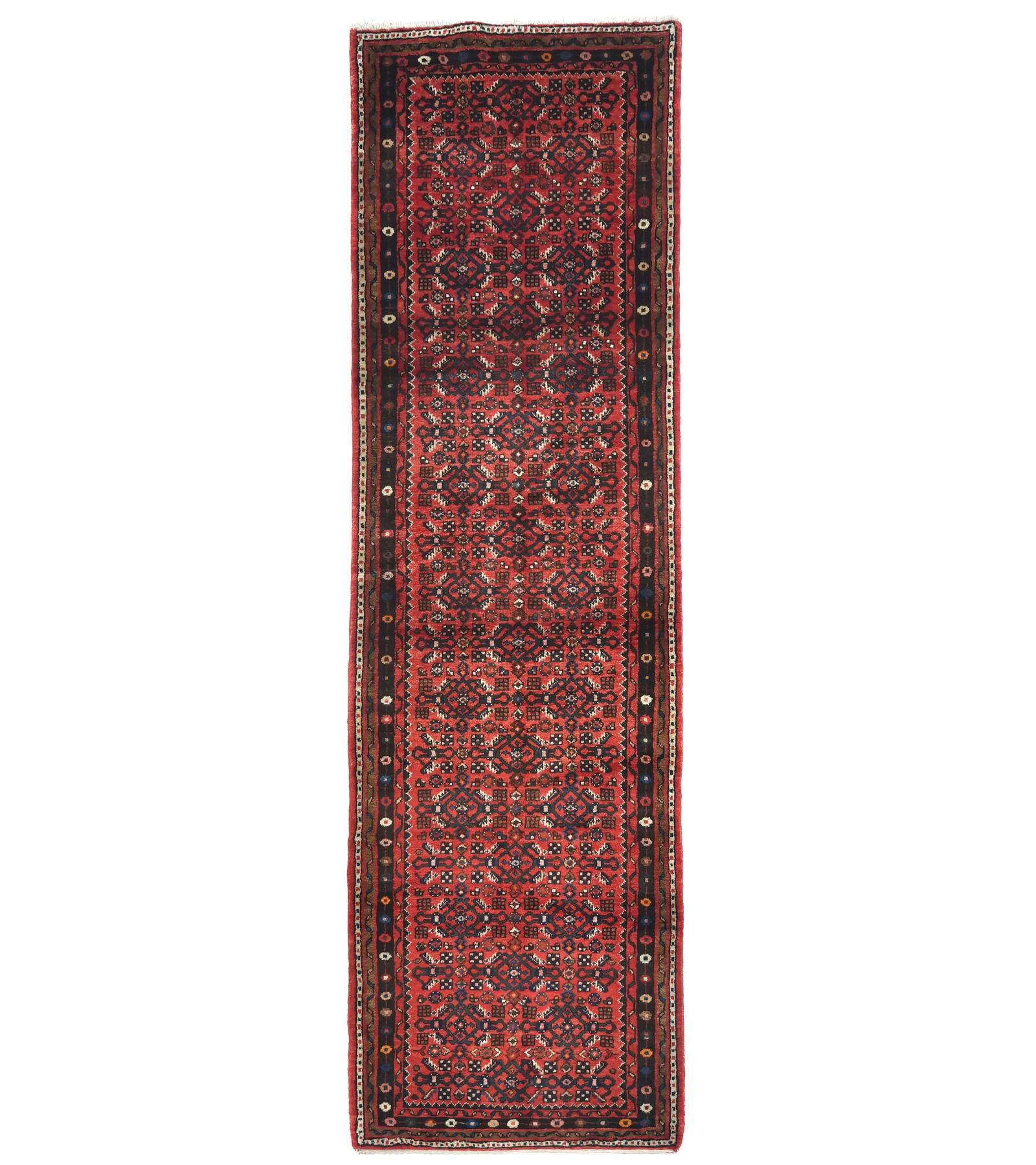 Vintage Red Tribal 3X10 Hamedan Persian Runner Rug: Title: Vintage Red Tribal 3X10 Hamedan Persian Runner RugDescription:Handmade vintage 3X10 red Persian runner made with vegetable dyes (fine wool pile and cotton foundation), exceptional knot count,