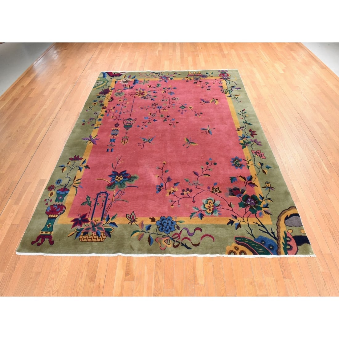Hot Pink Antique Chinese Nichols Art Deco Hand Knotted Pure Wool Rug - 2