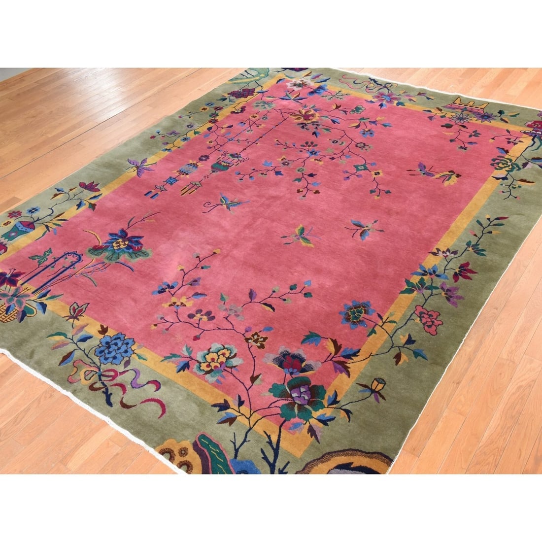 Hot Pink Antique Chinese Nichols Art Deco Hand Knotted Pure Wool Rug - 3