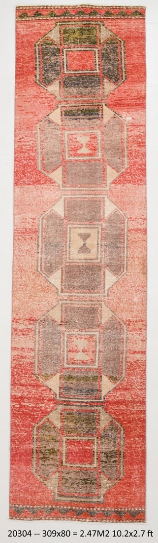 2'7'' x 10'1'' Handmade Vintage Wool Rug - 20304: Title: 2'7'' x 10'1'' Handmade Vintage Wool Rug - 20304 Description:2'7'' x 10'1'' Handmade Vintage Wool Rug - 20304 Origin:Turkiye Date/Period:1960-90 Materials:Wool,Cotton Dimension:2'7''x10'1'' ft,