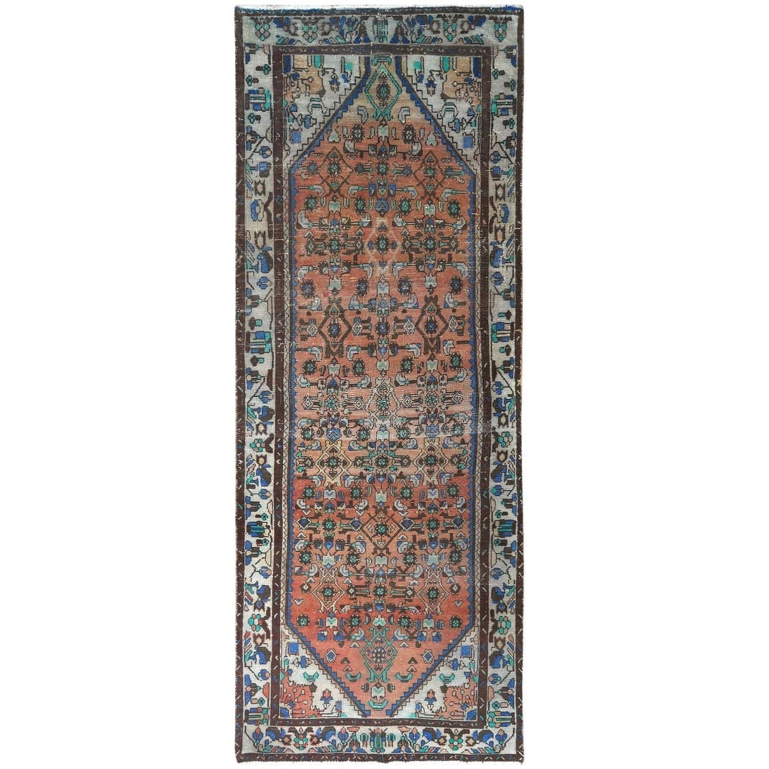Brown, Vintage Persian Husainabad Worn Wool Hand Knotted Runner Rug (1 of 7)