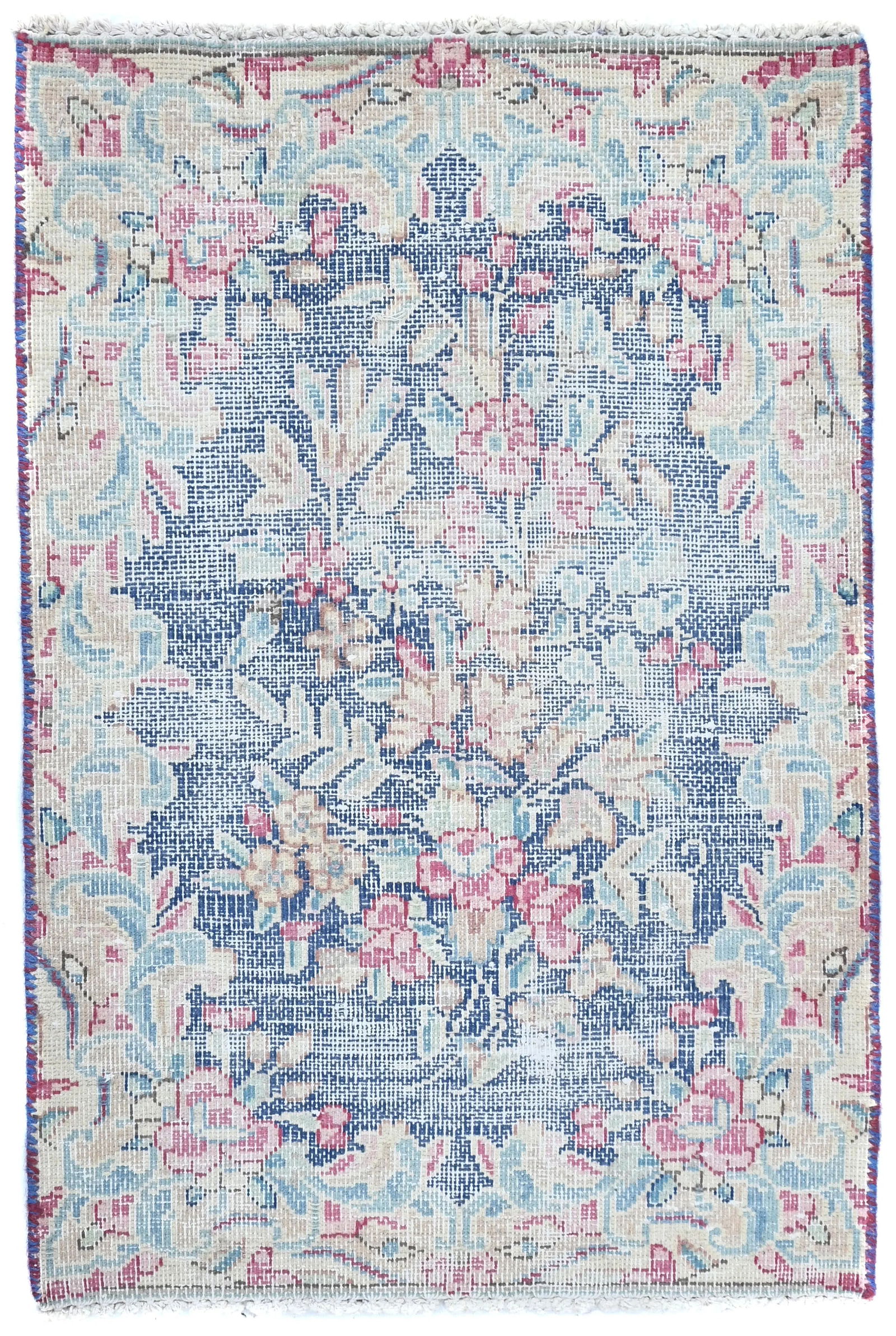 Semi Antique Muted Floral 1'6X2'3 Distressed Vintage Oriental Rug: Title: Semi Antique Muted Floral 1'6X2'3 Distressed Vintage Oriental Rug Description: Hand-knotted semi-antique Oriental rug in a timeless floral design Muted palette of cream, red, brown, and teal ad