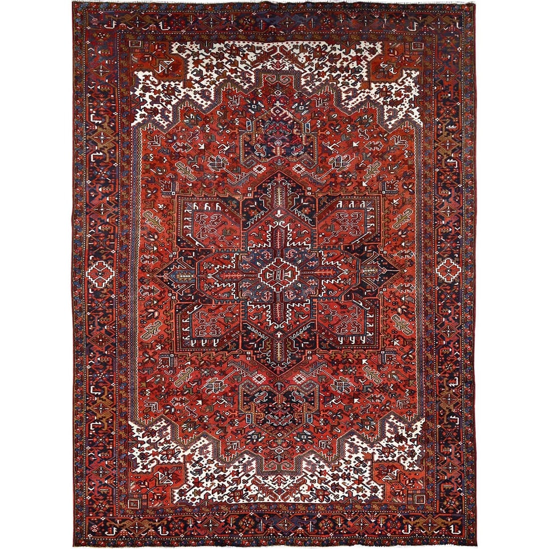 Turkey Red, Worn Wool, Hand Knotted, Semi Antique Persian Heriz Rug: Title: Turkey Red, Worn Wool, Hand Knotted, Semi Antique Persian Heriz RugDescription:This is a truly genuine one-of-a-kind. It has been Knotted for months and months in the centuries-old weaving