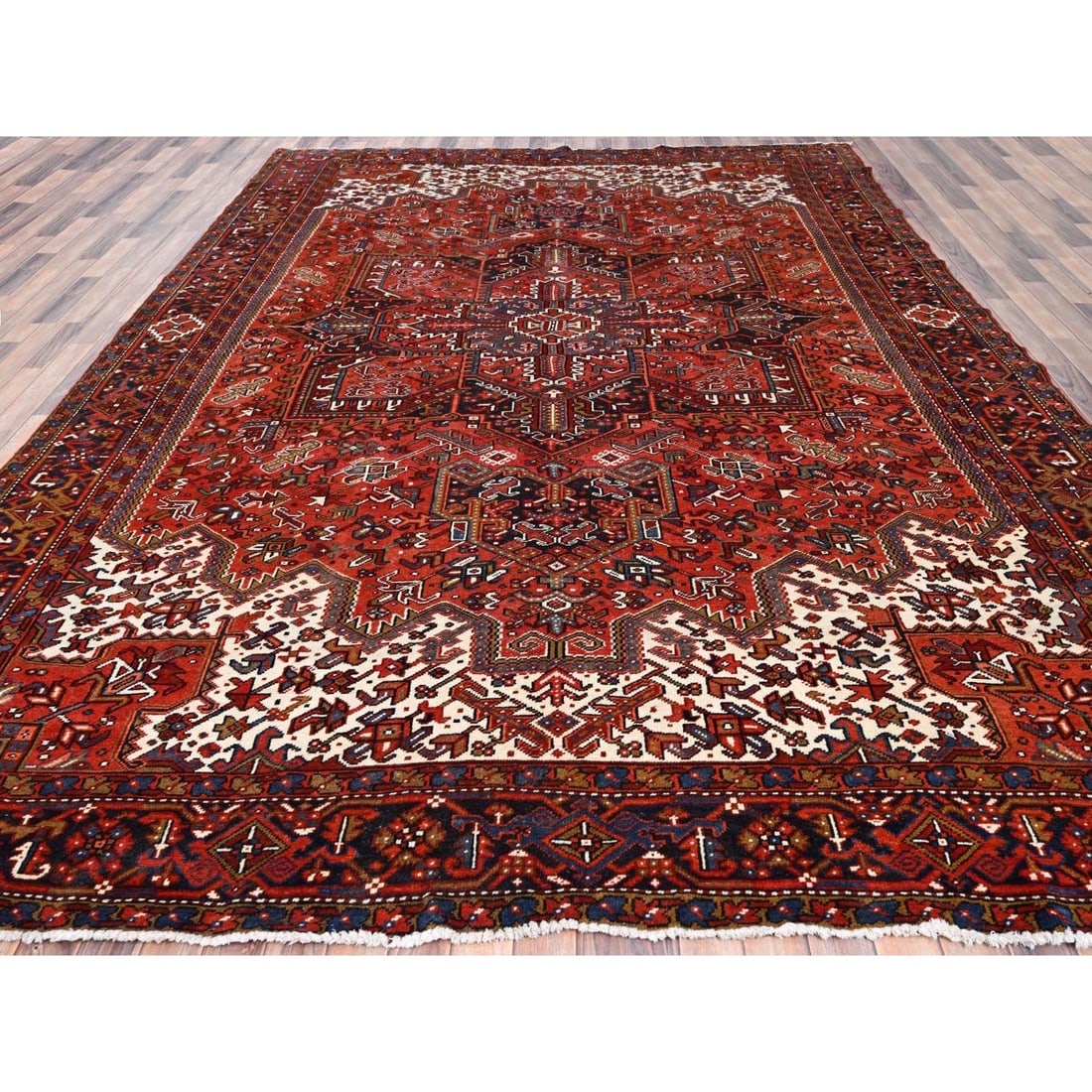 Turkey Red, Worn Wool, Hand Knotted, Semi Antique Persian Heriz Rug - 2