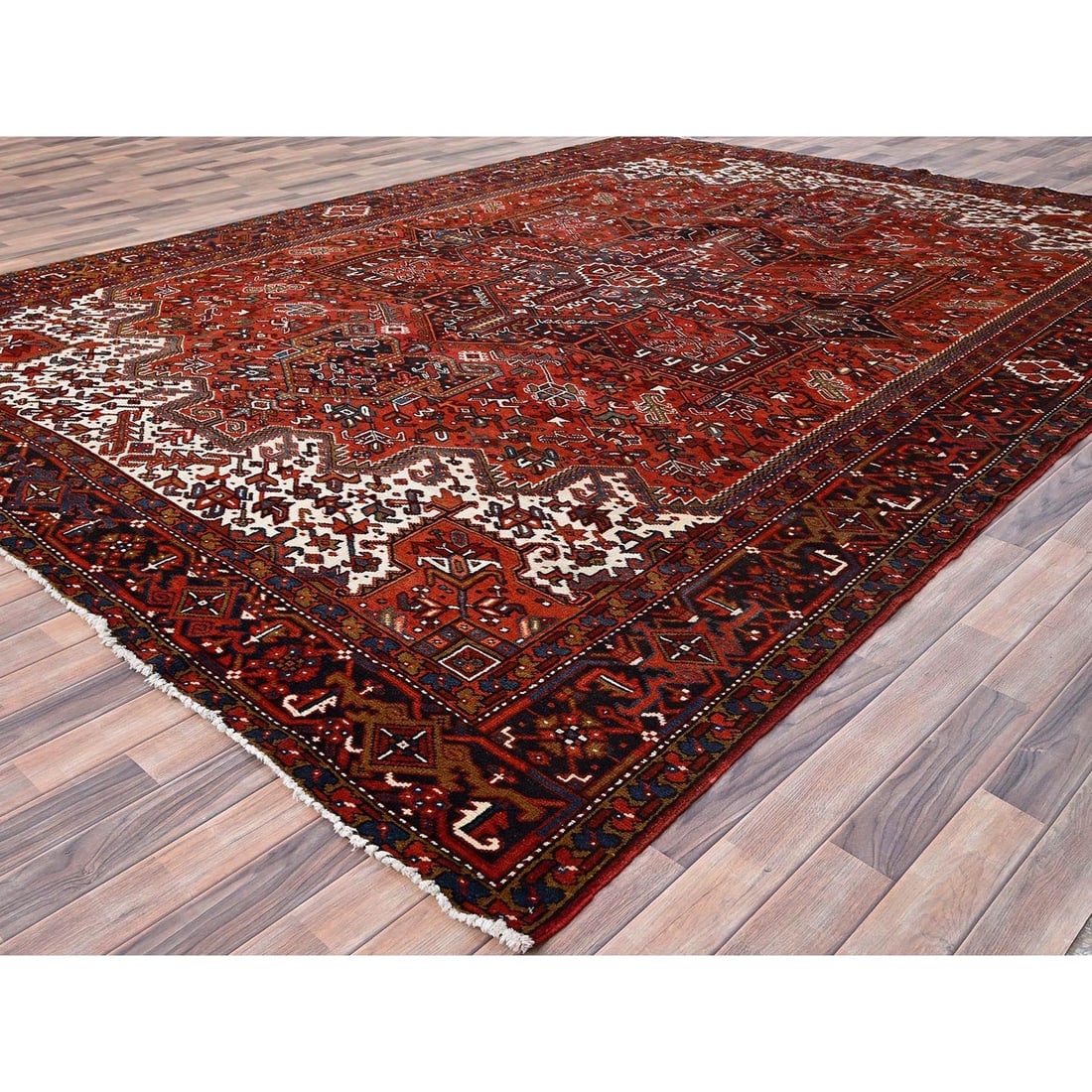 Turkey Red, Worn Wool, Hand Knotted, Semi Antique Persian Heriz Rug - 3