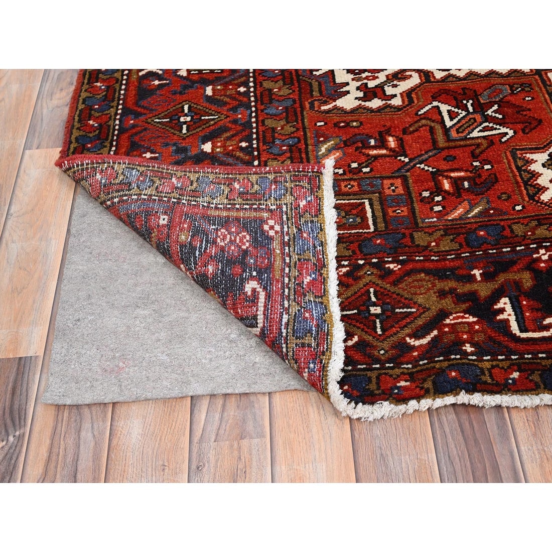 Turkey Red, Worn Wool, Hand Knotted, Semi Antique Persian Heriz Rug - 4