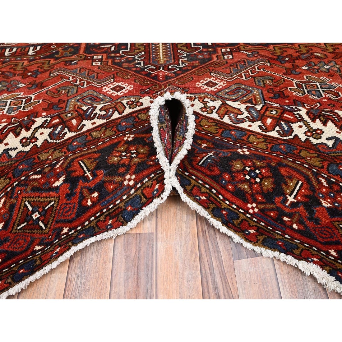 Turkey Red, Worn Wool, Hand Knotted, Semi Antique Persian Heriz Rug - 5