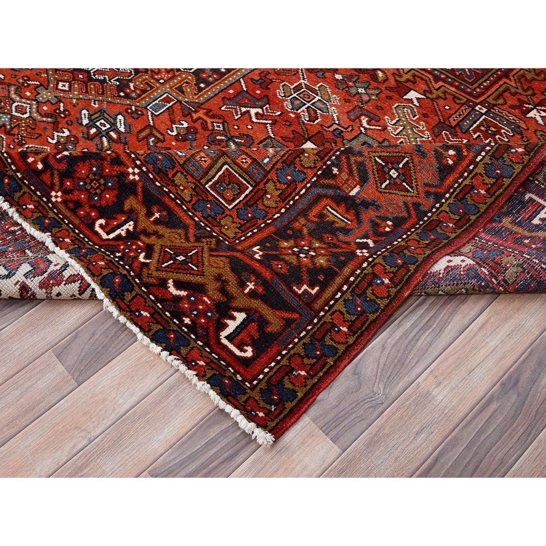 Turkey Red, Worn Wool, Hand Knotted, Semi Antique Persian Heriz Rug - 6