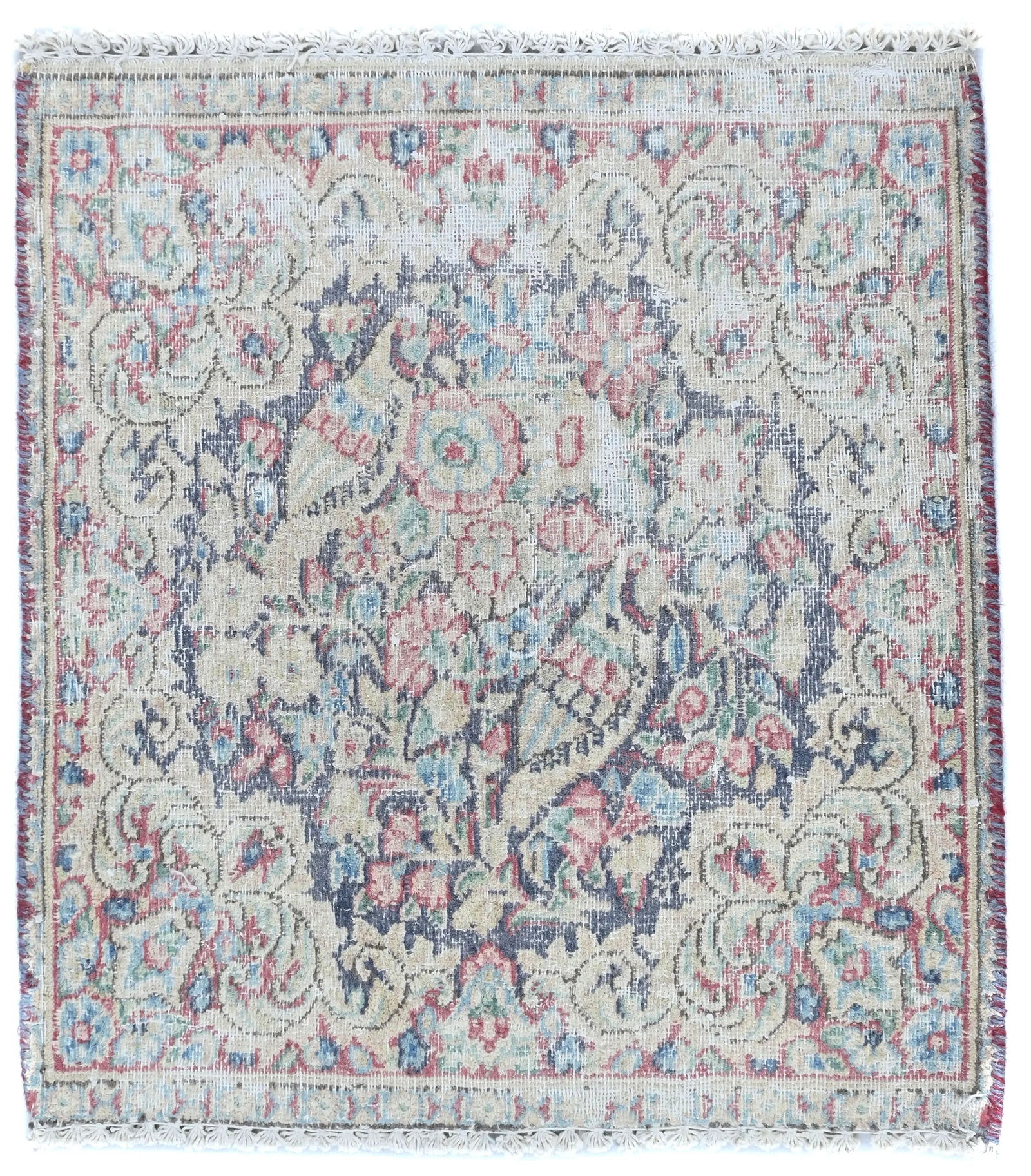 Semi Antique Muted Floral 1'7X1'8 Distressed Oriental Square Rug: Title: Semi Antique Muted Floral 1'7X1'8 Distressed Oriental Square RugDescription:Hand-knotted semi-antique rug crafted with traditional Oriental artistryVintage floral design showcasing rich