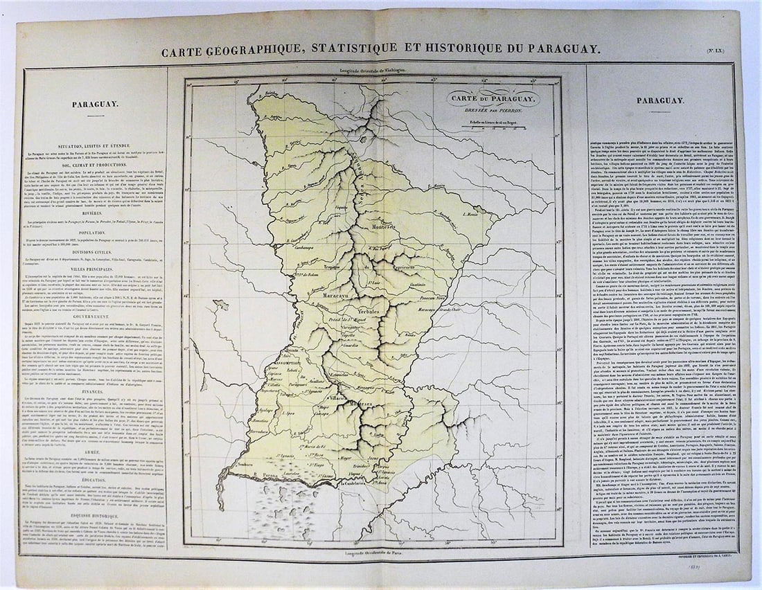 Carte Geographique, Statistique Et Historique Du Paraguay.: Publication Date: 1825Title: Carte Geographique, Statistique Et Historique Du Paraguay.Cartographer: BUCHON, J. A.Publisher: CAREZ, J.Brief Description: Detailed map of engraved by Arles. Text on