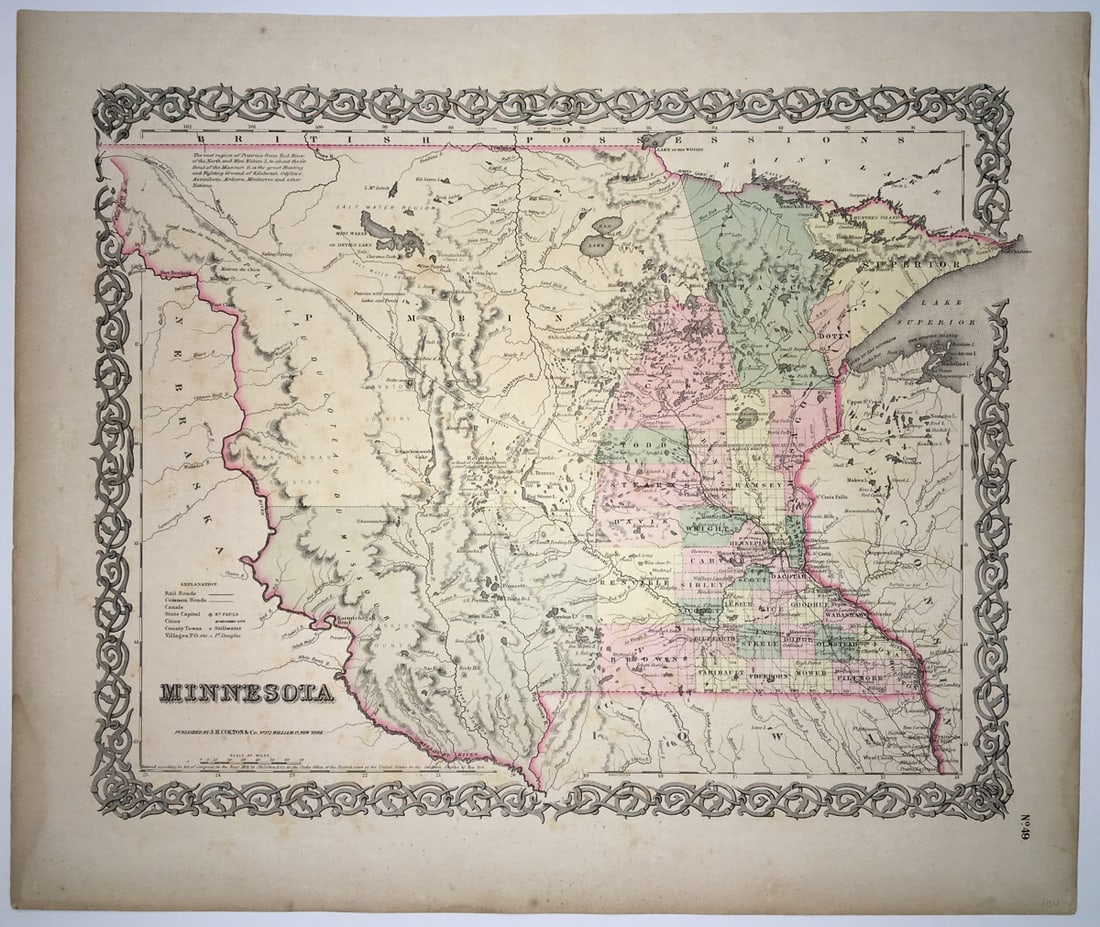 Minnesota: Publication Date: 1856Title: MinnesotaCartographer: COLTON, JOSEPH HUTCHINSPublisher: J.H. COLTON & CO.Brief Description: Shows "Punished Woman L." in Yankton Country. Foxed, left margin damped