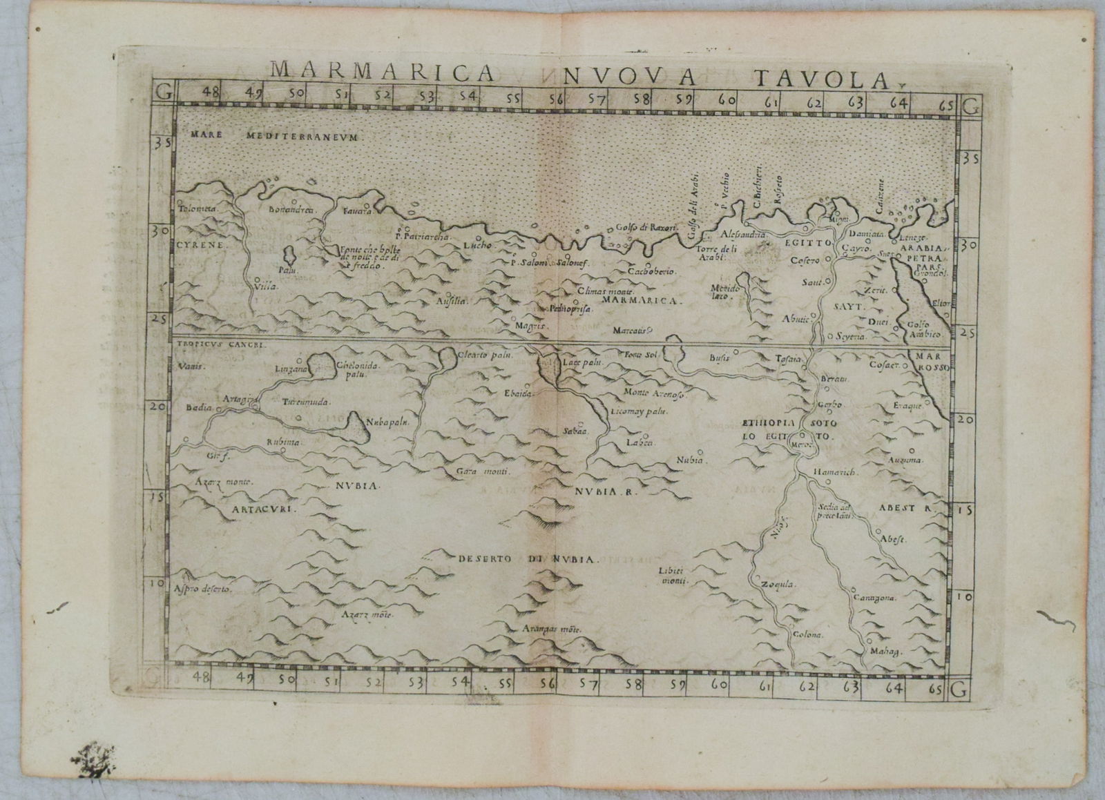 1574 Ruscelli Map of North Africa -- Marmarica Nuova Tavola: Title: 1574 Ruscelli Map of North Africa -- Marmarica Nuova TavolaCartographer: G RuscelliYear/Place: 1574, VeniceMap Dimension (in.): 7.2 X 9.6 in.Description: This is a very nice Ptolemaic map of