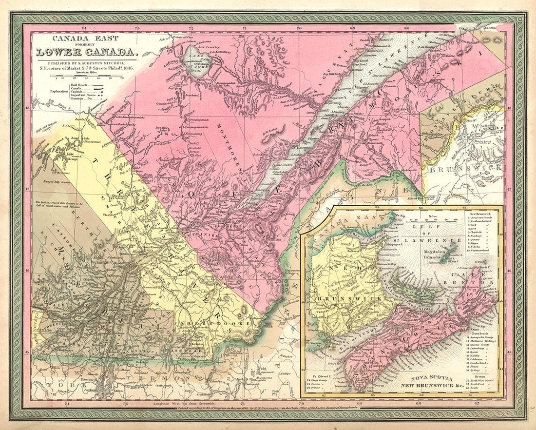 Canada East Formerly Lower Canada.: Publication Date: 1847 Title: Canada East Formerly Lower Canada. Cartographer: MITCHELL, SAMUEL AUGUSTUS Publisher: S. AUG. MITCHELL Brief Description: Strong striking and fine pastel coloring. With i