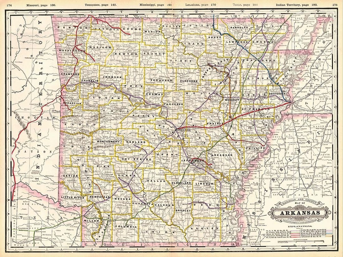 Railroad and County Map of Arkansas (1 of 1)
