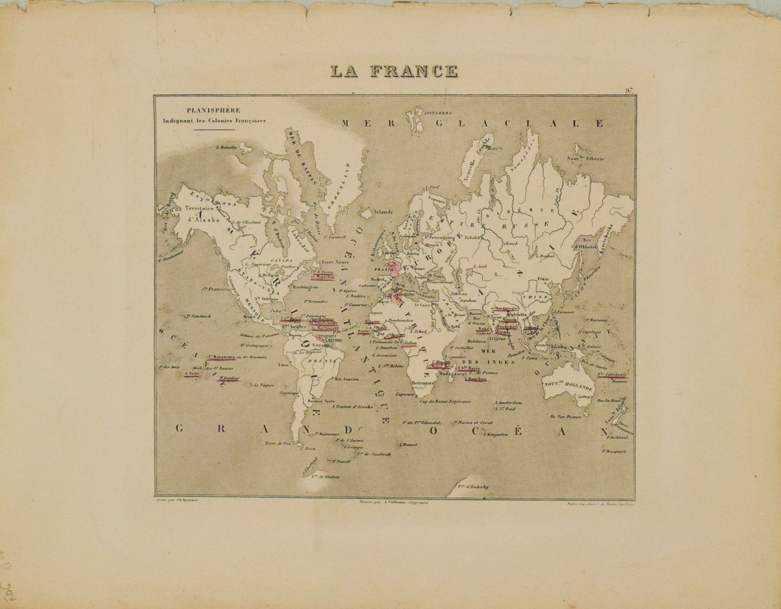 1881 Vuillemin World Map with French Colonies Shown -- Planisphere: Indiquant les Colonies Francises: Title: 1881 Vuillemin World Map with French Colonies Shown -- Planisphere: Indiquant les Colonies FrancisesCartographer: A VuilleminYear/Place: 1881 ParisMap Dimension (in.): 7.6 X 8.5 inDescription: