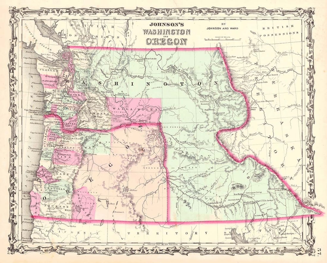 Johnson's Washington and Oregon: Publication Date: 1862 Title: Johnson's Washington and Oregon Cartographer: JOHNSON, ALVIN JEWETT Publisher: JOHNSON AND WARD Brief Description: Earlier issue than I.D.#01804 with Idaho border fixed a